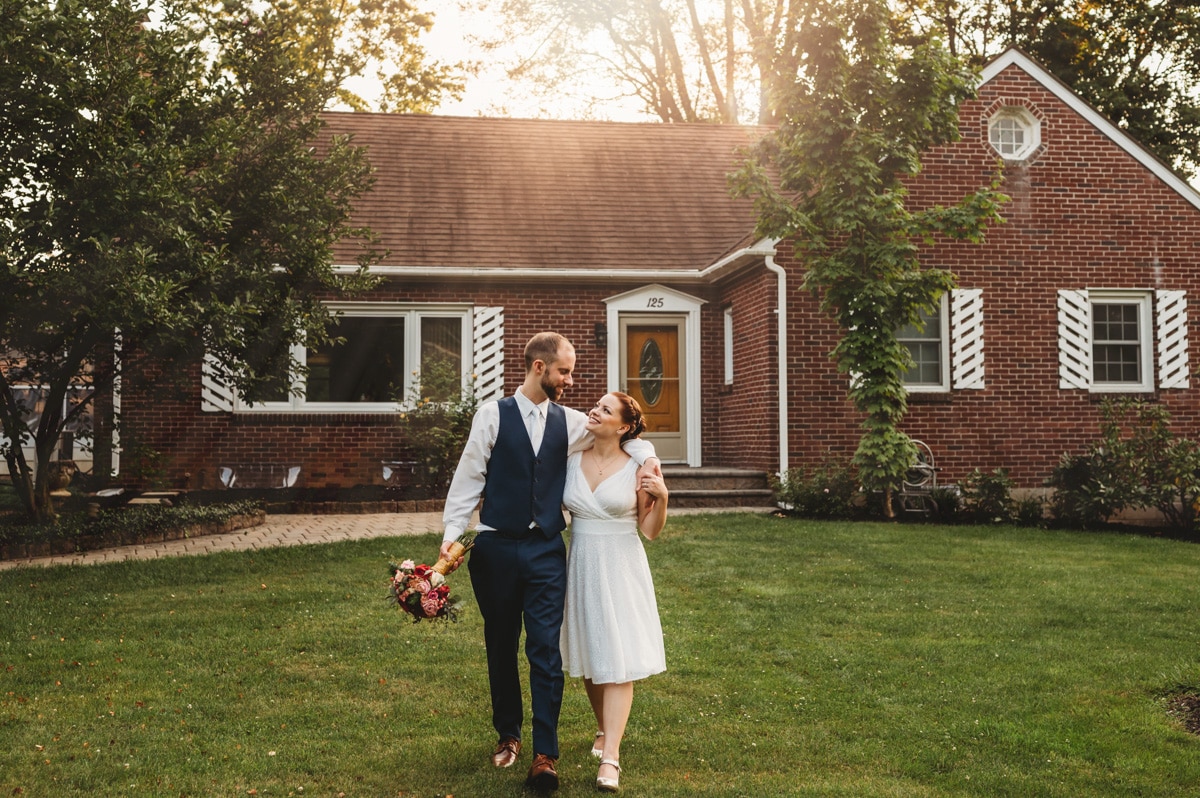 Couple in front yard at backyard wedding